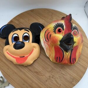 Vtg Pair Of Ben Cooper Plastic Kids Halloween Mask Disney Mickey Mouse & Chicken